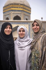 portrait of three smiling female muslims standing in front of a mosque