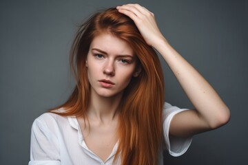 Fototapeta premium a young woman standing with her fingers in her hair while posing against a gray background