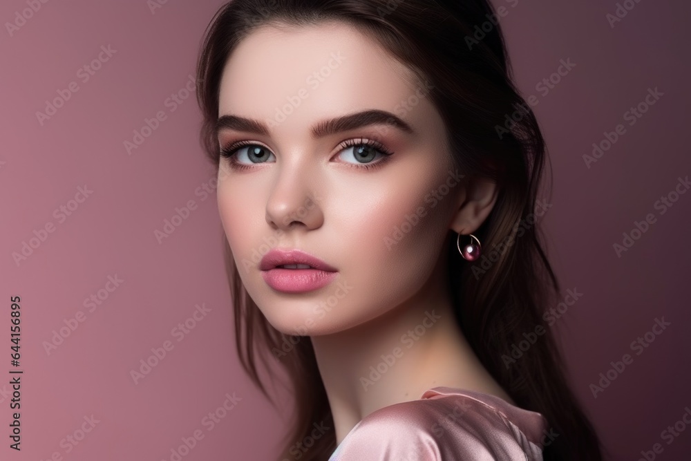 Wall mural studio shot of a beautiful young woman wearing pink lipstick and eye makeup