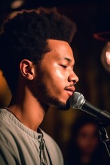 cropped shot of a handsome young man at an open mic night