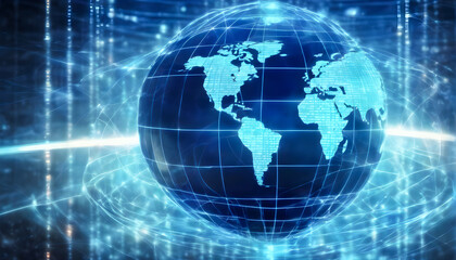 Fototapeta na wymiar blue cyberspace network with rotating globe world map, technology concept, generative ai
