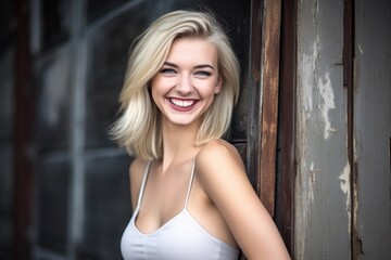 Obraz na płótnie Canvas an attractive young woman wearing a skintight dress and smiling widely