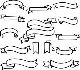 Text banner outline signs set. Simple black ribbon outline isolated on white. Vector illustration