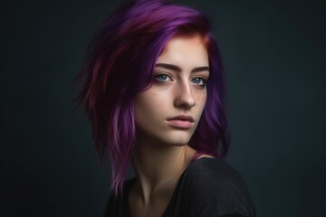 studio portrait of a beautiful young woman with purple hair posing against a grey background