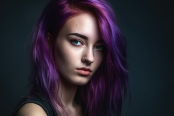 studio portrait of a beautiful young woman with purple hair posing against a grey background