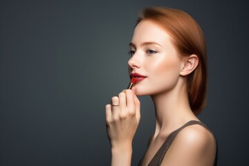 studio shot of an attractive young woman applying lipstick against a gray background