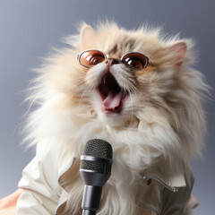 funny and happy , Persian Cat, laugh, wearing sunglasses, holding microphone.Generative ai