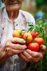 closeup shot of a senior woman holding tomatoes while working in a kitchen garden