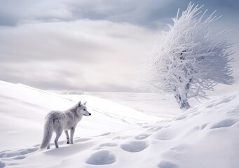 "A Lone Wolf's Silent Stroll in the Snow". Digital Poster. AI generated.