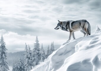 "Winter's Embrace: A Lone Wolf's Tale". Digital Poster. AI generated.