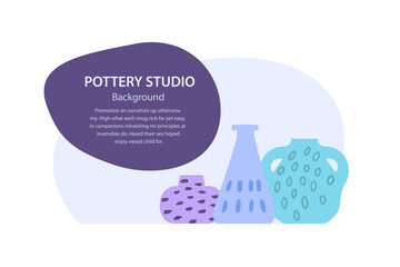Creative banner of pottery studio or workshop with a set of jugs and vases and space for text.
