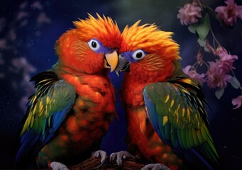 "A Duo of Vibrant Lovebirds". Digital Poster. AI generated.