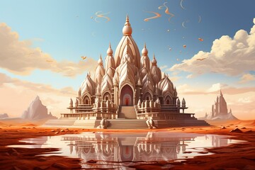 Illustration of a modern Hindu temple located in a desert landscape. Generative AI