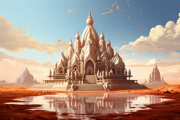 Fotobehang Bedehuis Illustration of a modern Hindu temple located in a desert landscape. Generative AI