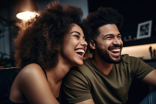 Happy Young Mixed Race Couple Having Fun Watching Tv Together At Home