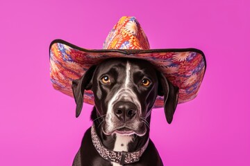 Photography in the style of pensive portraiture of a happy great dane wearing a sombrero against a lilac purple background. With generative AI technology - obrazy, fototapety, plakaty