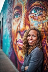 Fototapeta premium a portrait of a smiling woman standing in front of some awesome urban art