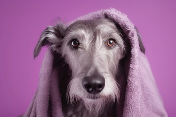 Photography in the style of pensive portraiture of a happy scottish deerhound wearing a thermal blanket against a lilac purple background. With generative AI technology