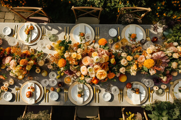 Top view of autumn table scape, autumnal dinner table setting, holiday tablescape for wedding, birthday or party event celebration, generative ai