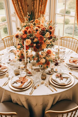 Autumn table scape, autumnal dinner table setting, holiday tablescape for wedding, birthday or party event celebration, generative ai