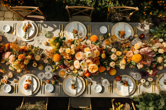 Top view of autumn table scape, autumnal dinner table setting, holiday tablescape for wedding, birthday or party event celebration, generative ai