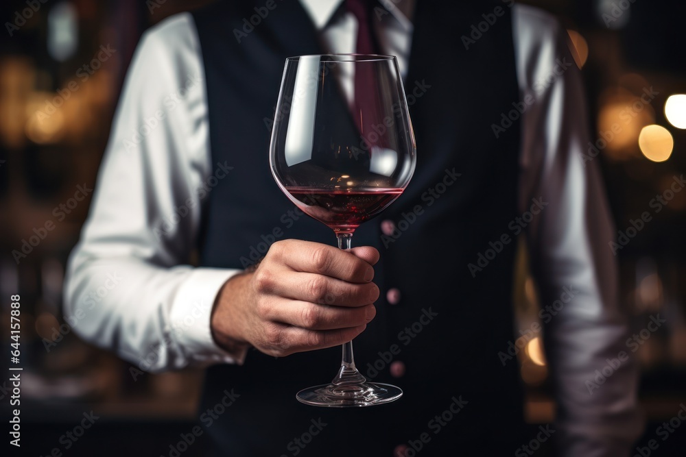 Poster a man's hand with a glass of red wine.