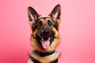 Medium shot portrait photography of a cute german shepherd wearing a harness against a coral pink background. With generative AI technology - obrazy, fototapety, plakaty