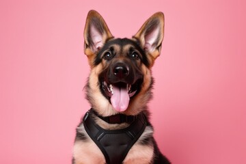 Medium shot portrait photography of a cute german shepherd wearing a harness against a coral pink background. With generative AI technology - obrazy, fototapety, plakaty