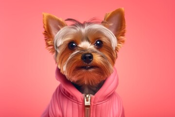Close-up portrait photography of a funny yorkshire terrier wearing a jumper against a coral pink background. With generative AI technology