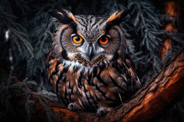 "The Wise Owl's Mesmerizing Gaze". Digital Poster. AI generated.