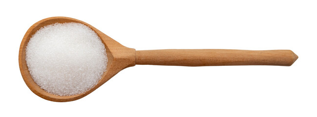 Sugar in a wooden spoon on a white background. View from above. sugar cubes