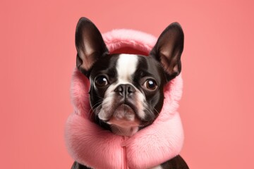 Medium shot portrait photography of a funny boston terrier wearing a paw protector against a coral pink background. With generative AI technology - obrazy, fototapety, plakaty