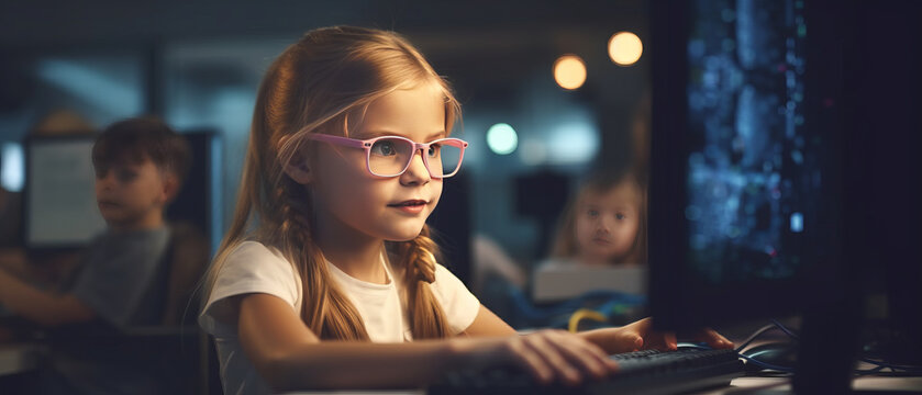 portrait Kid girl learn to code with soft blurred friend in a computer lab.Generative ai