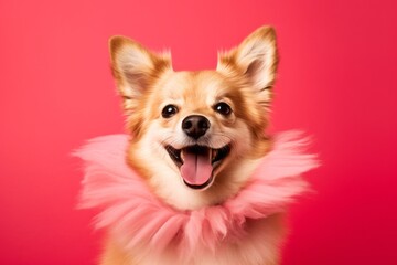 Medium shot portrait photography of a smiling norwegian lundehund wearing a fairy wings against a coral pink background. With generative AI technology - obrazy, fototapety, plakaty