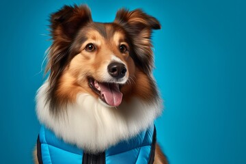 Headshot portrait photography of a smiling shetland sheepdog wearing a cooling vest against a cerulean blue background. With generative AI technology