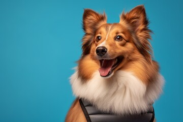 Headshot portrait photography of a smiling shetland sheepdog wearing a cooling vest against a cerulean blue background. With generative AI technology