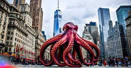 giant octopus invades new york city - obrazy, fototapety, plakaty