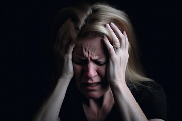 shot of a woman holding her forehead in frustration against a dark background