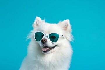 Obraz premium Close-up portrait photography of a funny american eskimo dog wearing a trendy sunglasses against a cerulean blue background. With generative AI technology