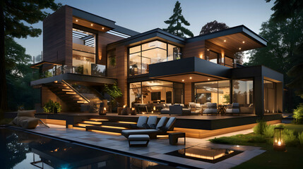 3d rendering of modern cozy house with pool and parking for sale or rent in luxurious style and beautiful landscaping on background. Clear summer night.