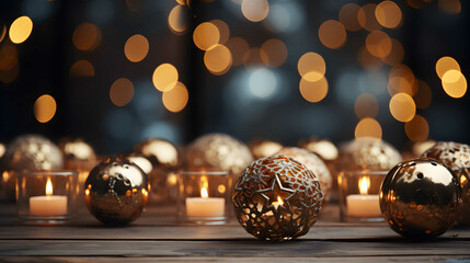 Burning candles and Christmas balls on wooden table against blurred festive lights