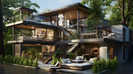 Obraz premium 3d rendering of modern cozy house with pool and parking for sale or rent in luxurious style and beautiful landscaping on background. Clear sunny summer evening with blue sky 