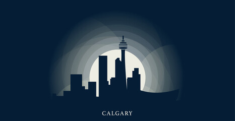 Canada Calgary cityscape skyline capital city panorama vector flat modern banner, header, booklet. Canadian Alberta province emblem idea with landmarks and building silhouettes at sunset sunrise night