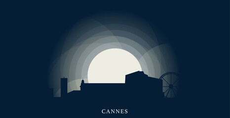 France Cannes city cityscape skyline capital panorama vector flat modern web banner, header. French Riviera town emblem idea with landmarks and building silhouettes at sunset sunrise night