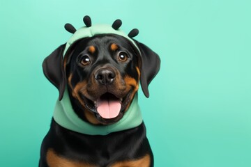 Conceptual portrait photography of a smiling rottweiler wearing a ladybug costume against a spearmint green background. With generative AI technology