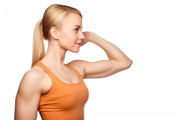 Obraz premium a gorgeous young woman flexing her bicep while isolated on a white background