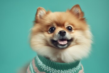 Headshot portrait photography of a cute pomeranian wearing a festive sweater against a spearmint green background. With generative AI technology