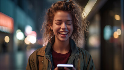 photograph of Happy young woman with smart phone on street in the city.