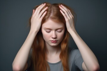 Naklejka premium studio shot of a young woman holding her hands behind her head against a grey backgorund
