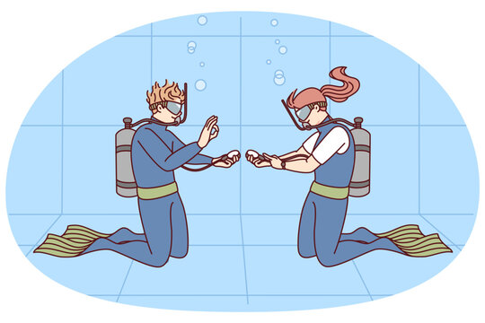 Divers in uniform in swimming pool. Man and woman diving underwater with tubes having lesson together. Scuba diving concept. Vector illustration.